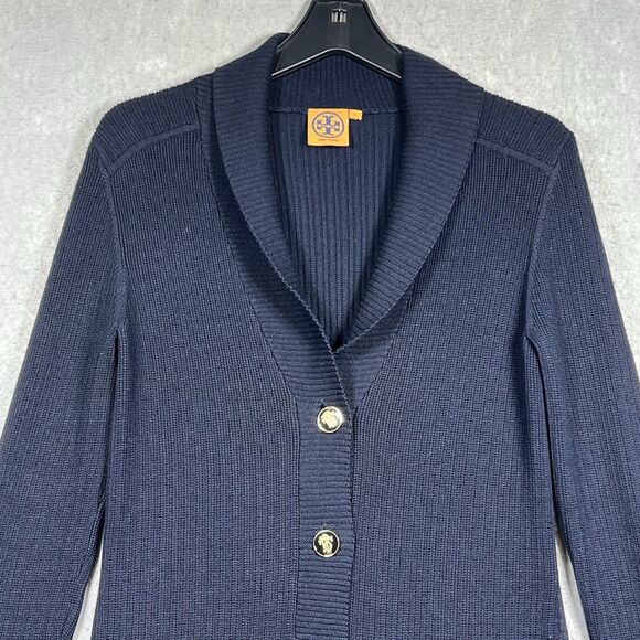 Tory Burch Marcia Button Down Cardigan Sweater Wool Navy Blue Women’s Large $395 - Picture 2 of 12